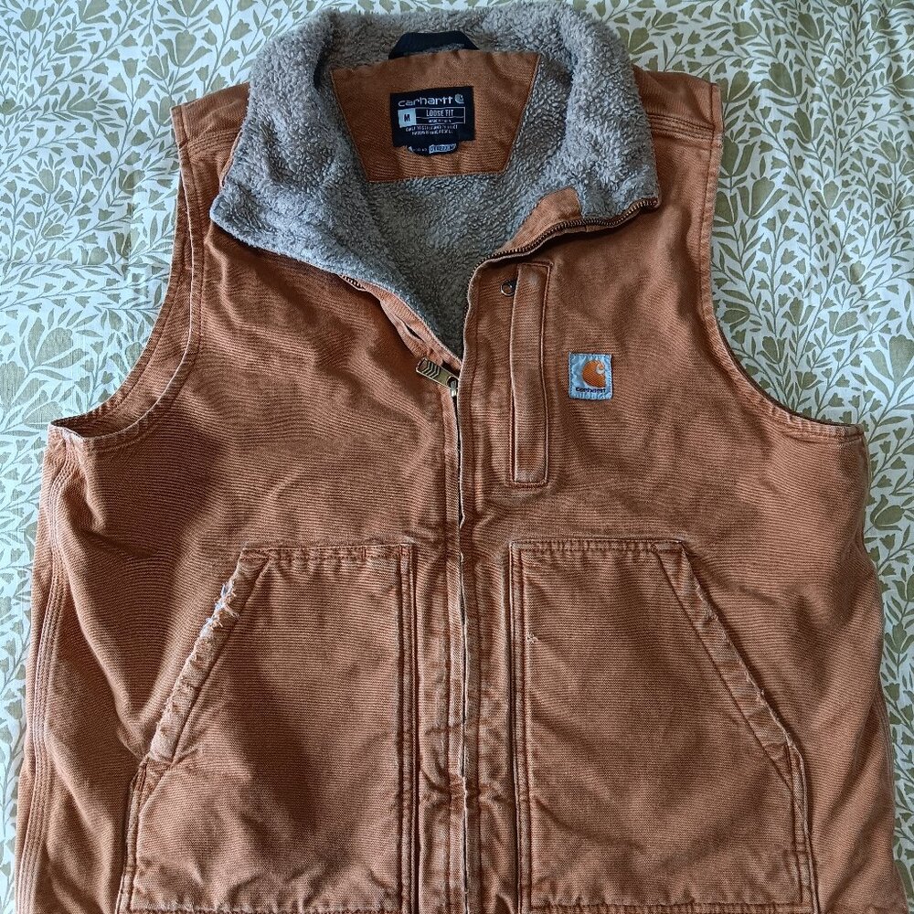 Mens carhartt medium sherpa lined tan vest workwear rancher farm yellowstone